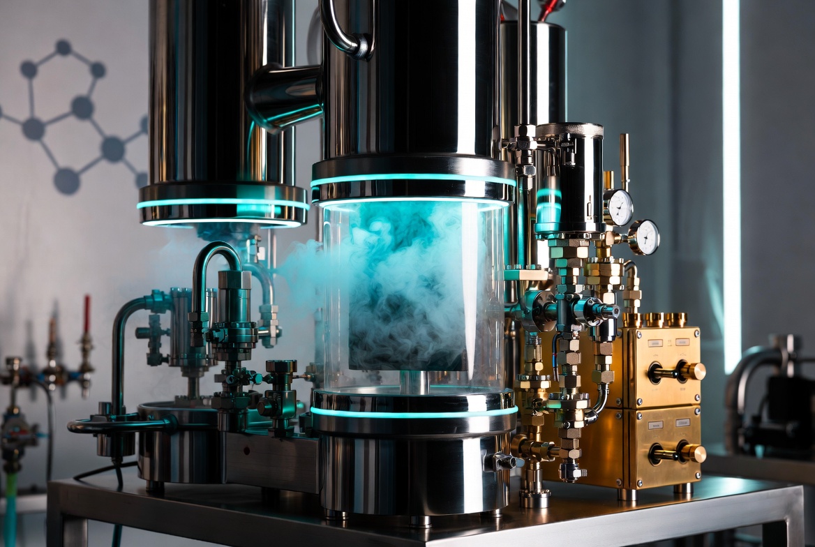 TerpForge extraction rig with teal cryo glow and brass pressure assembly