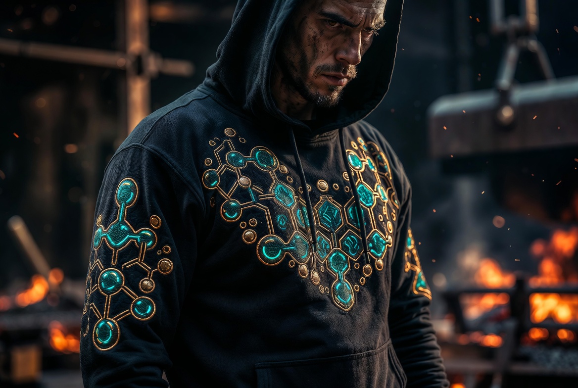 Hooded figure wearing molecular-print TerpForge hoodie against forge backdrop