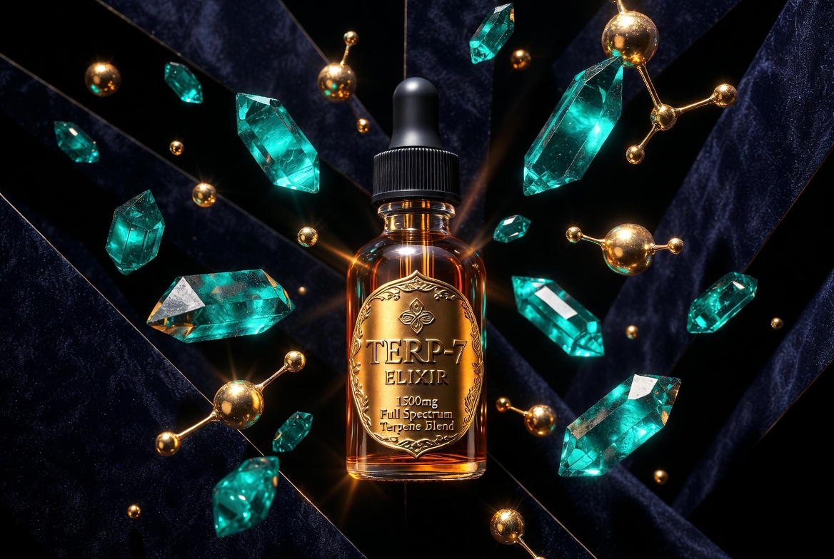 TERP-7 Elixir tincture bottle surrounded by emerald terpene crystals
